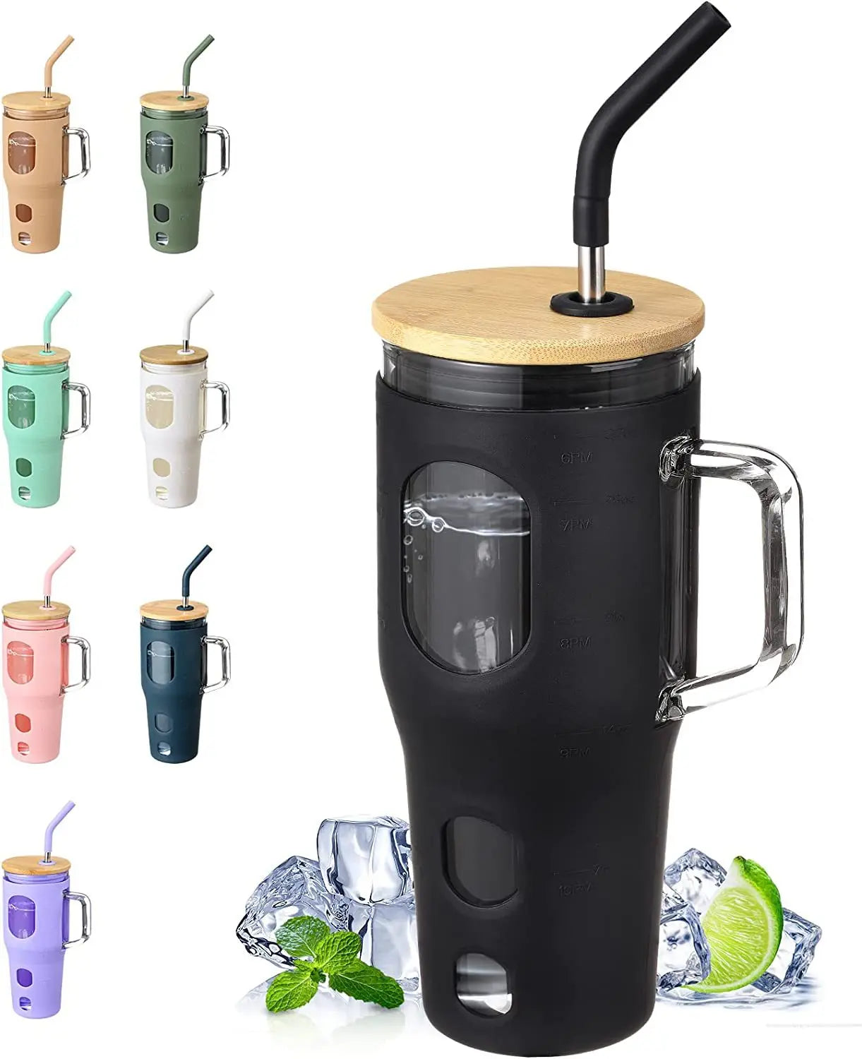 32OZ Glass Cup With Handle Car Cup Handle Cup Multi Color Silicone Cover Glass Canister Glass Mug With Straw