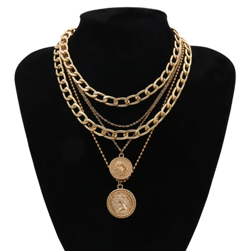 Hip Hop Zinc Alloy Gold Color Chunky Multi Layered Choker Gypsy  Coin Medaglia Necklaces Jewelry Women