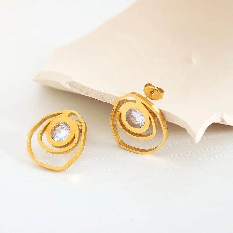 New Design Stainless Steel Geometric Lines Zircon Stud Earrings for Women Girls Pendientes De Acero Inoxidable