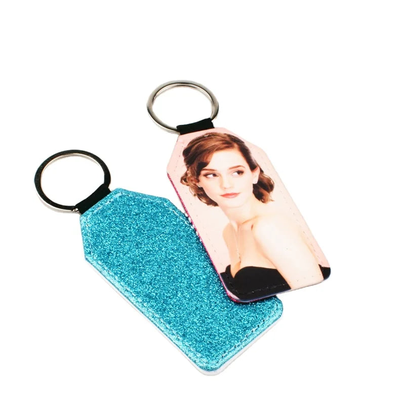 Qualisub Personalized PU Leather Keychain Blank Sublimation Keychain Back Glitter Sublimation Keychains for Custom Print