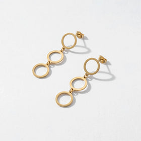 QIAOREN 11856 Trendy Triple Circle Dangle Earrings Stainless Steel Gold Geometric Hollow Ring Drop Earrings for Women US EU