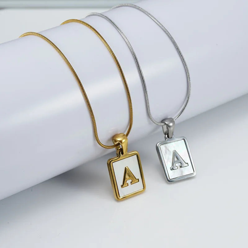 GT New 18K Gold Stainless Steel Letter A-Z Initial Necklace for Women White Rectangle Shell Alphabet Pendant Necklace