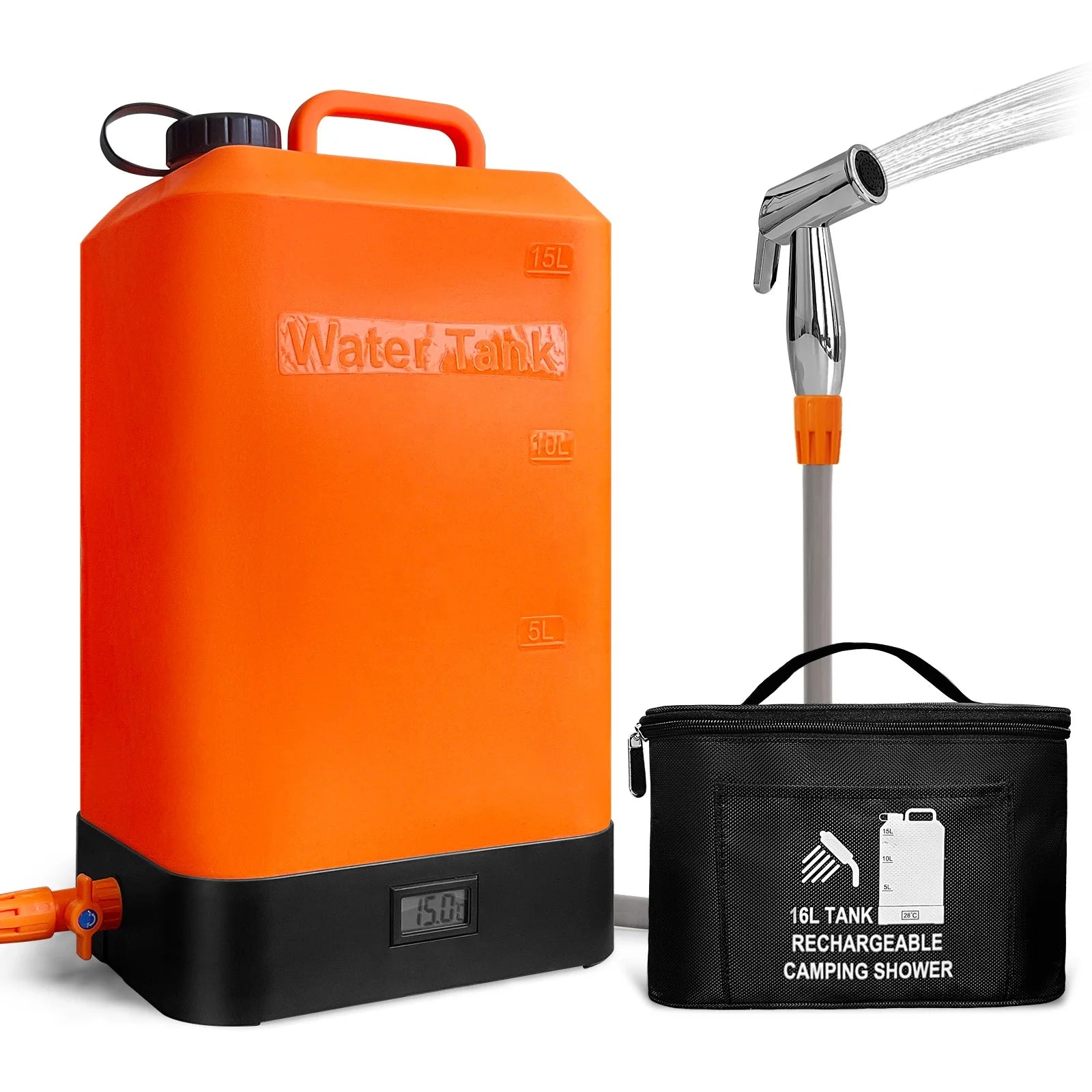 Portable Outdoor Shower 4.5 Gallon Silicone Water Tank Battery Powered and with Temperature Display Solar Heating Easy to Carry