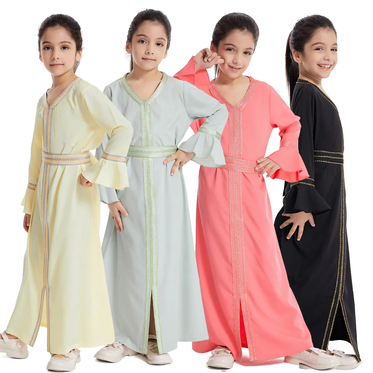 Eid Islamic Clothing Girls Abaya for Children Muslim Dress Long Sleeve Patchwork Color Dress for Kids Ramadan Robe Dubai