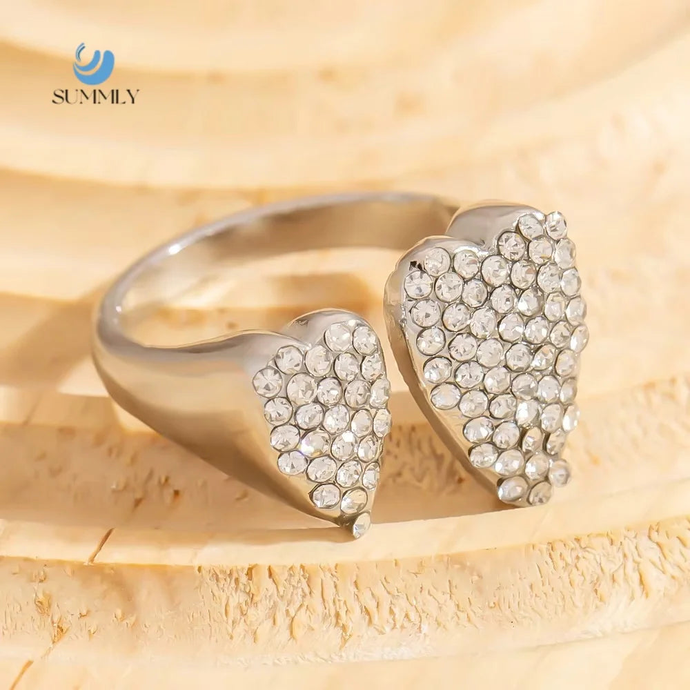 SUMMLY Trend Wholesale Fine Diamond Heart Shaped Stainless Steel Open End Ring Fashion Jewelry Manufacturer