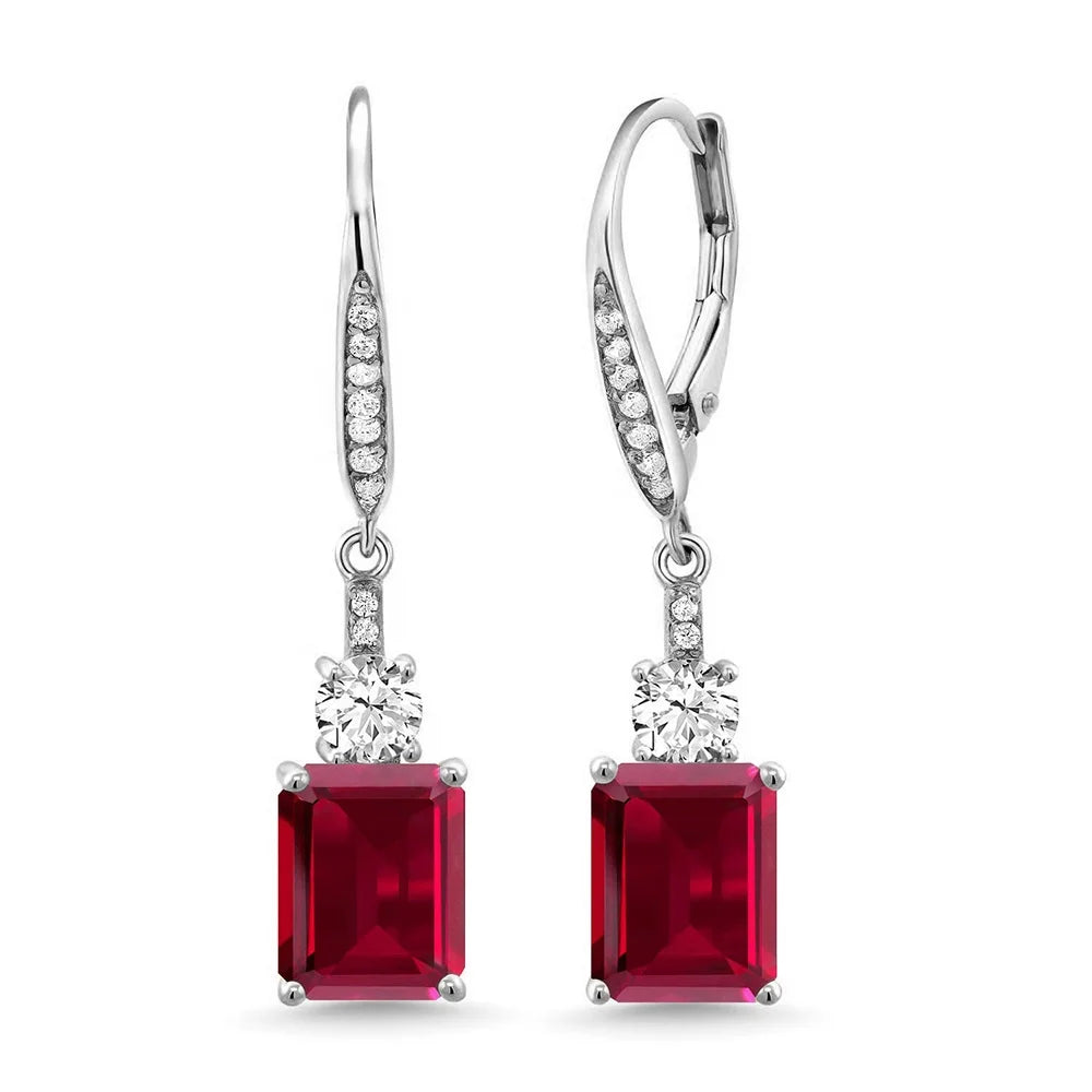 925 Sterling Silver Jewelry 9*7mm Emerald Ruby Wedding Leverback Dangle Drop Earrings
