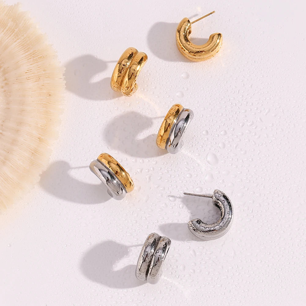 Waterproof Fashion Jewelry 18K Gold Plated Double Chunky Hoop Earring Stainless Steel Double Layer C Shape Earring for Women