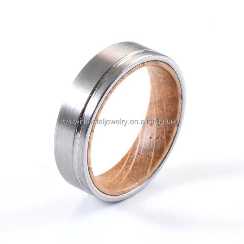Custom 6mm Flat Offset Grooved Silver Wedding Band Whiskey Barrel Wood Inlay Tungsten Ring Men Women 8mm Engagement Parties