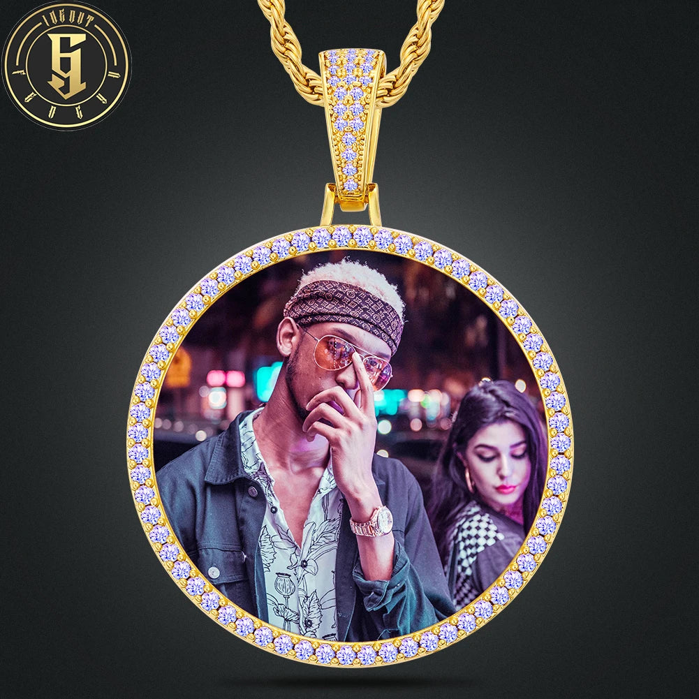 Hip Hop Custom 45mm Circle Picture Necklace Jewelry Brass Pink Cubic Zirconia Round Photo Memory Pendant Necklace