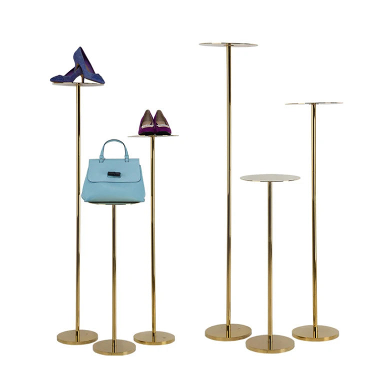 Apache Stainless Steel Golden Luxury Display Riser Counter Stands Shoe Bag Store Window Pedestal Showcases
