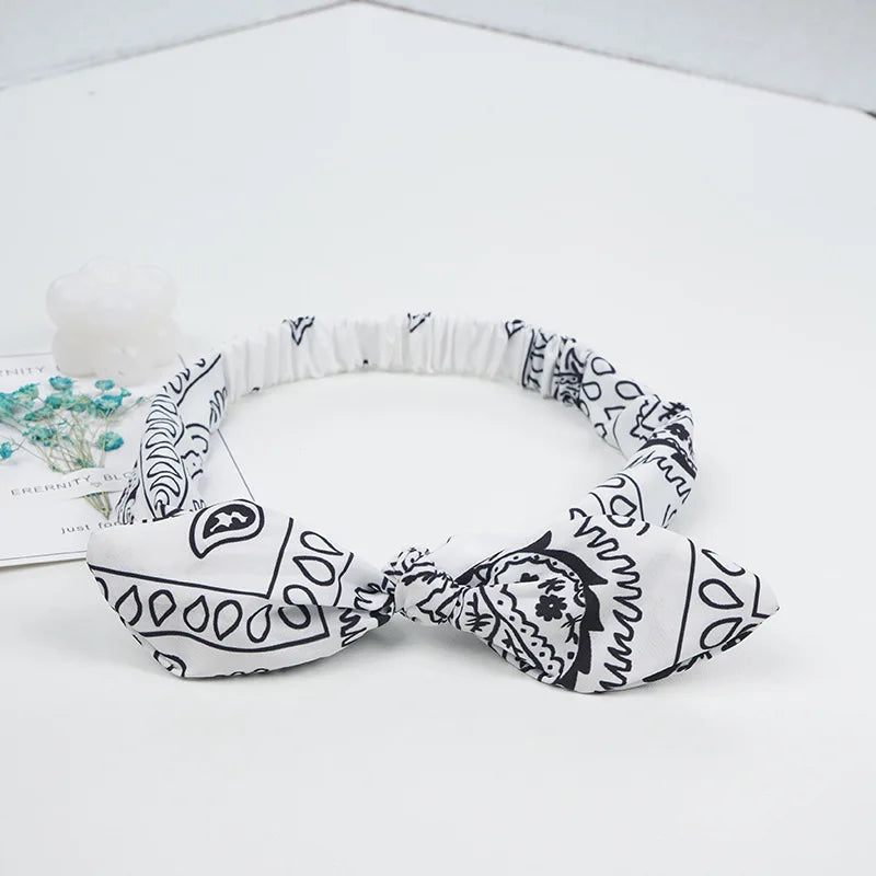 New Bow Elastic Headband Fashion Flower Printed Hair Bands Women Retro Rabbit Ears Hair Accessories