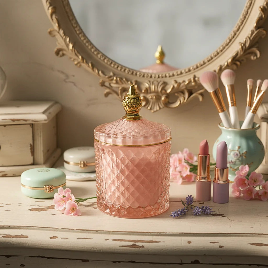 Wholesale Luxury Christmas Decorations Empty Colored Glass Candle Jars with Glass Lids for Wedding Decorations