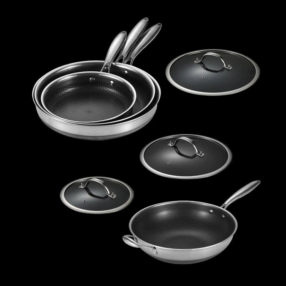 7 Pieces Hex Hybrid 3-ply Stainless Steel Honeycomb Bottom Non-stick Cooking Pot Household Kitchen Cookware Set with Glass Lid