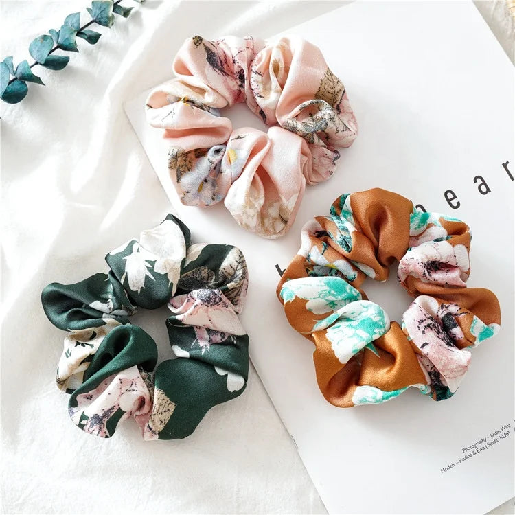 MIO New Elastic Ponytail Holder Floral Hair Scrunchies Accessories for Lady Girls Satin Print Color Hair Ties