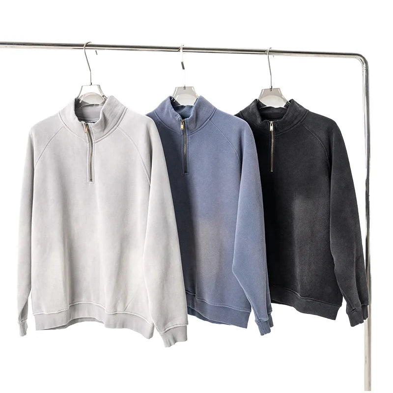 Wholesale Oversized Sun Faded Streetwear Applique Embroidery Hoodie Custom Men Heavyweight Zip up Distressed Acid Wash Hoodies