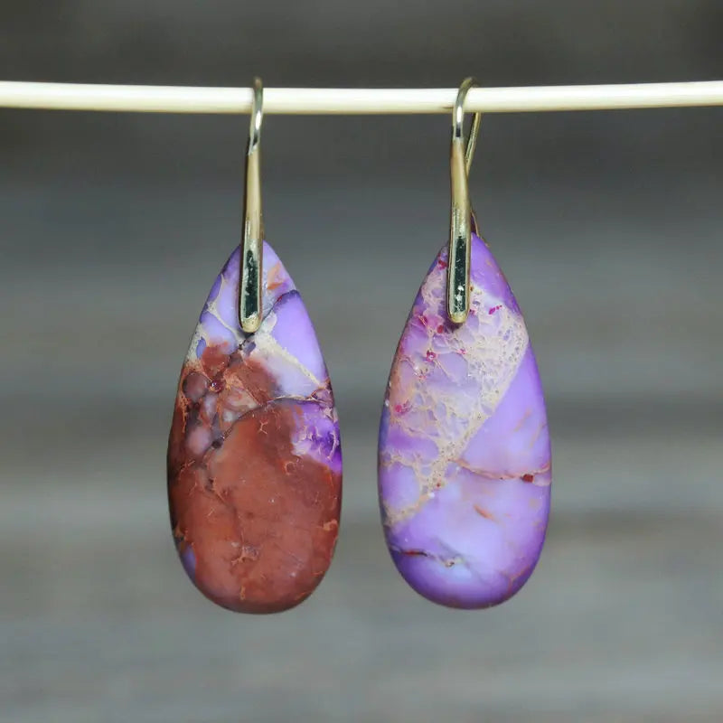 Natural Sea Sediment Teardrop Earrings Gemstone Dangle Earrings 18k Gold Plated Needle Imperial Jasper Stone Drop Earrings