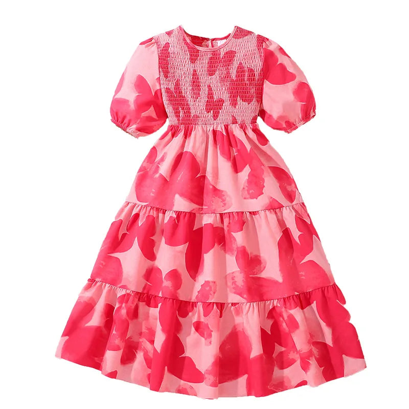 2025 New Teenager Dress Summer Teenager 8-12 Years Summer Big Girls Floral Dress Polyester