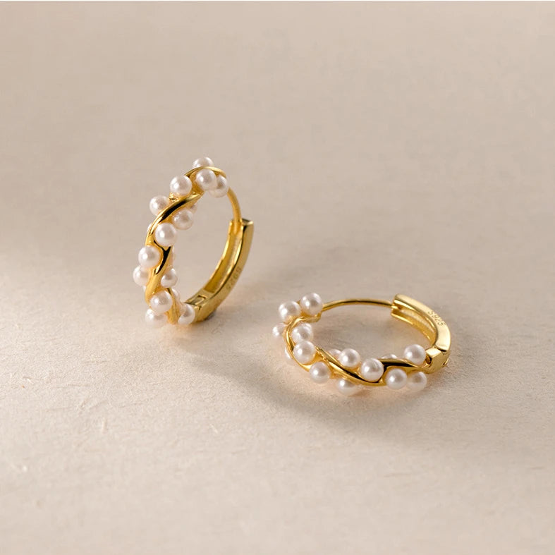 Daidan Huggie Earrings 925 Sterling Silver Trendy Twisted Wrap Pearl Gold Plated Beaded Earrings MegaBDM