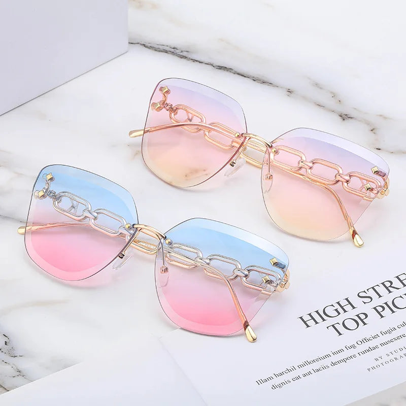 2023 Fashion Women Oversized Gradient Color Metal Frame Uv400s Sunglasses Retro Vintage Rimless Sunglasses