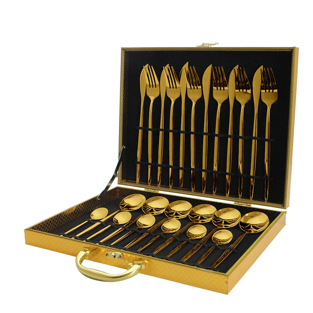 Custom Luxury Gift for Employees 24-Piece Stainless Steel Cutlery Set Spoon Fork Knife Gold Finish Dishwasher Safe Eco-Friendly