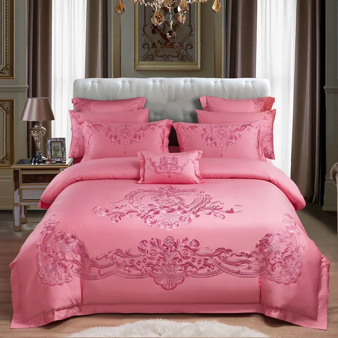 Luxury Red Bride Quilt Cover 100%cotton king Size pink Flower Embroidery Pillow Cover Wedding Home Textile Bedding Sets Supplier