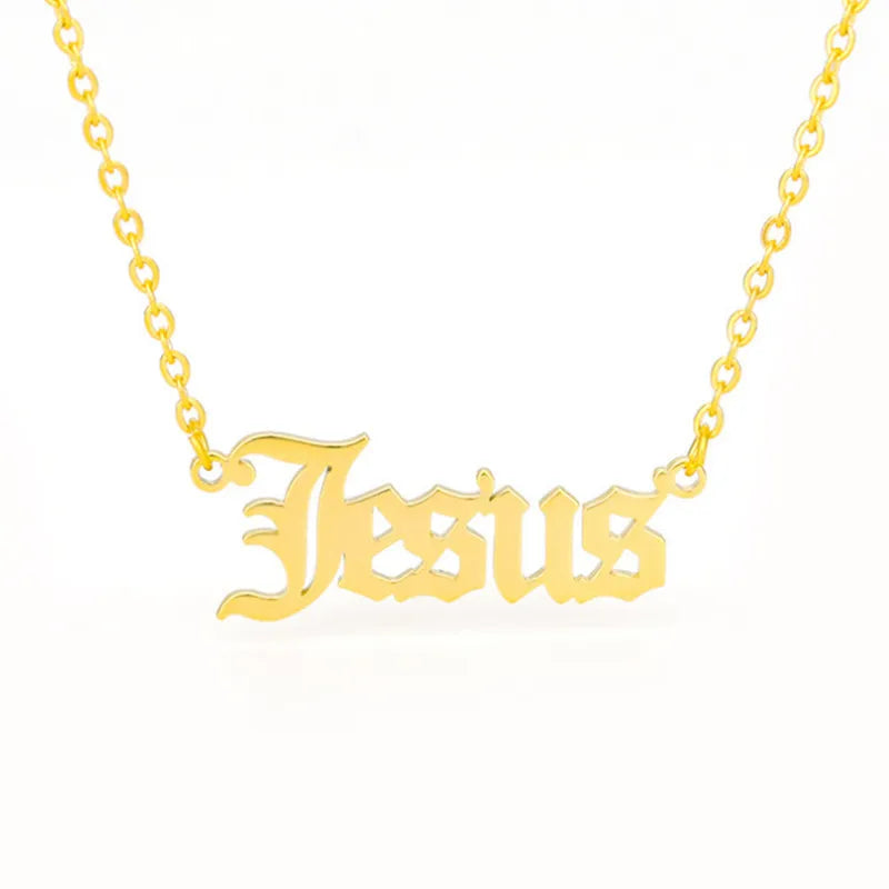 Fashion Stainless Steel Jesus Letter Pendant Necklace Personalized Gold Plated Vintage English Letter Women Clavicle Necklace
