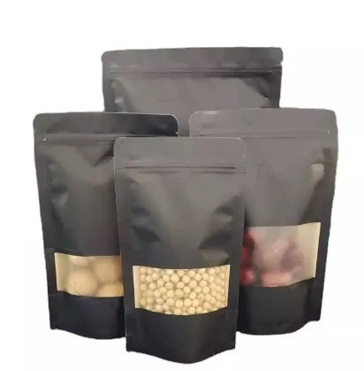 Black Food Grade  Black Kraft Paper Bag Stand up Pouch with Window Zip Lock Food Packaging Bag Low MOQ Paper Bag