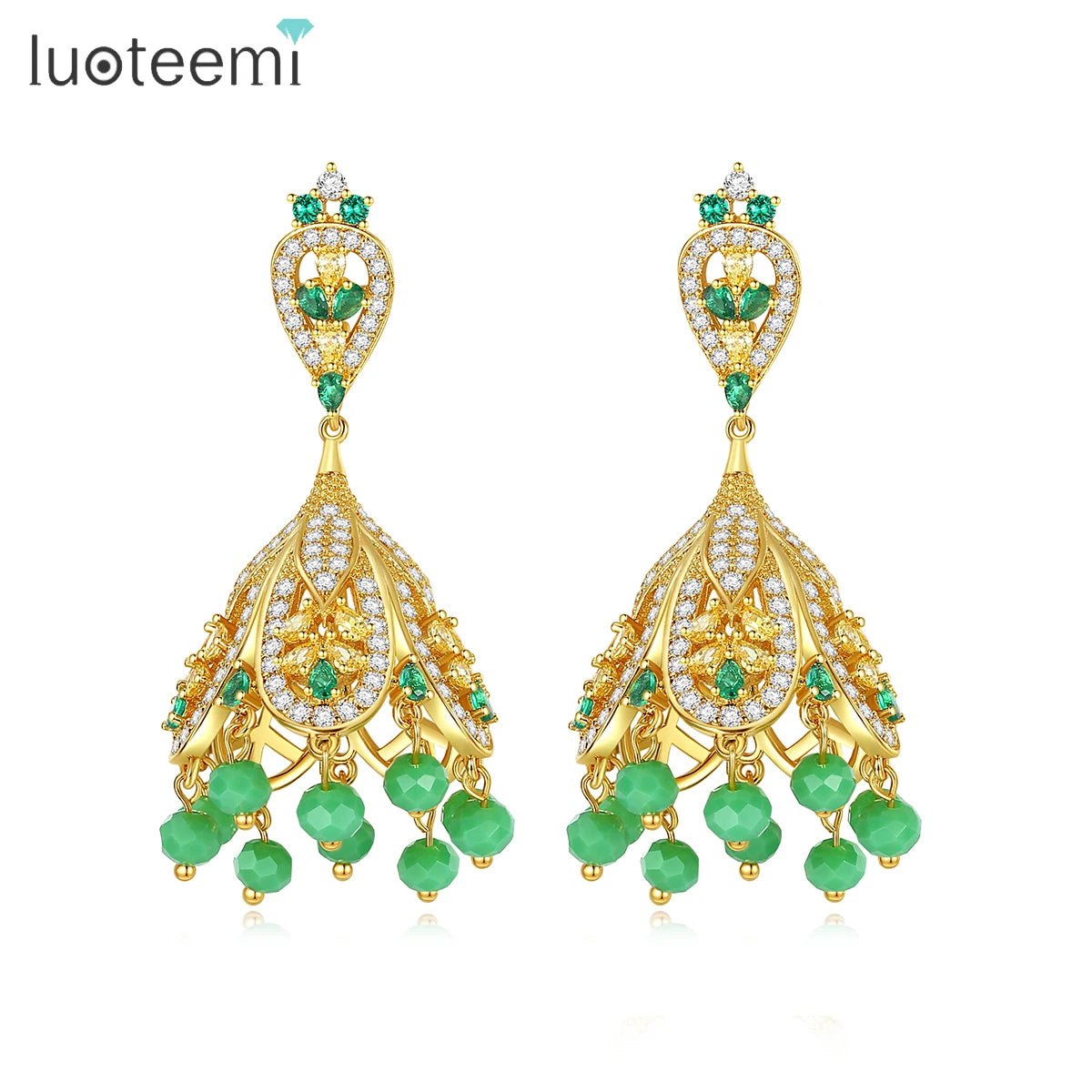LUOTEEMI Indian Earrings Jhumka Jewelry Handmade Gold Plated Big Traditional Pave Zircon Crystal Diamond Earring