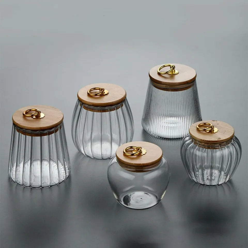 Polygon Eco-friendly Storage Glass Jar With Airtight Bamboo Lid With Metal Ring Tea Canister