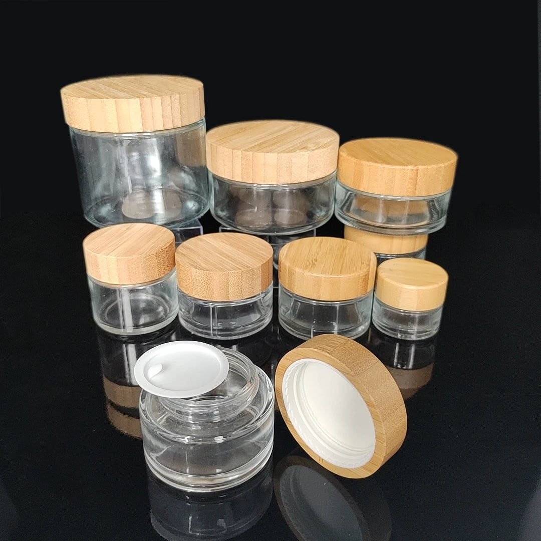 5g 10g 15g 20g 25g 30g 50g Round Frosted Glass Jar for Cosmetic Scrub Cream Jars with Bamboo Wood Lids Grains Printing Cap