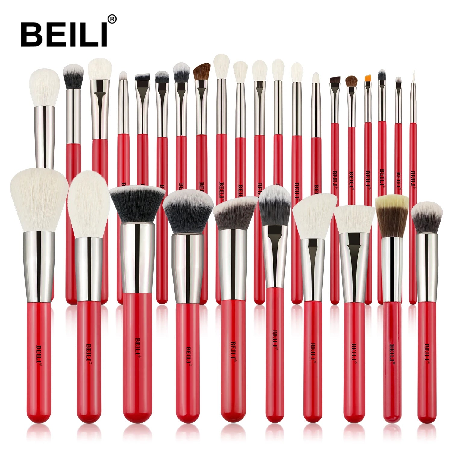 BEILI Makeup Brush Kit 30pcs Red Wooden Handle Natural Goat Pony Synthetic Hair Eyeshadow Brush Foundation Make up Accessories