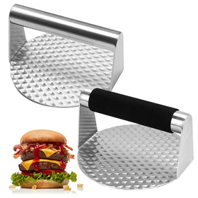 Stainless Steel Burger Press Round Smasher Non-Stick Smooth Hamburger Press Flat Bottom Bacon Grill Top Griddle Silicone Handle