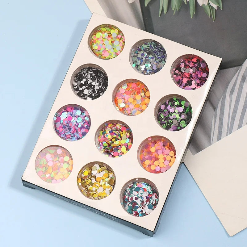 Paso Sico Japanese High Quality 12 Colors Set Nail Sequins Accessories Round Mixed Colors Nail Art Glitter Sequins Wholesale