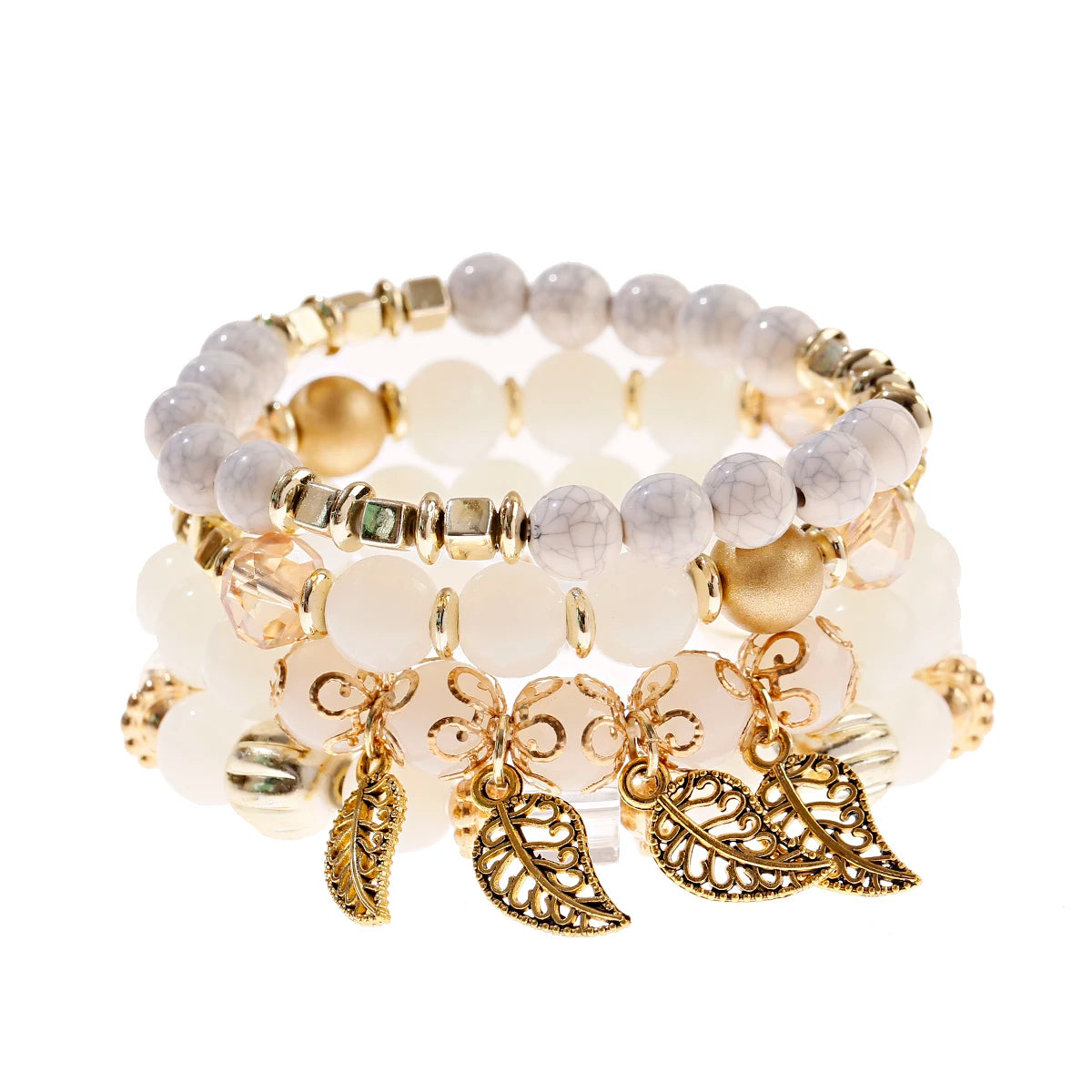 Douvei Children's Ethnic Wooden Bead Mixed Color Natural Stone Gold Plated Leaf 4Pcs/Set Charm Bracelet Set Bohemian Bangle