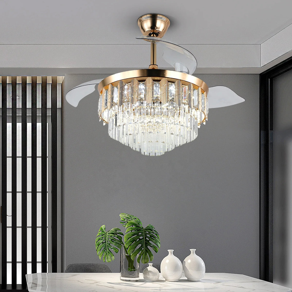 Dimmable with Remote Control 42 Inch 3 Blades Retractable Crystal Iron Design Led Ceiling Light With Fan for Modern Bedrooms