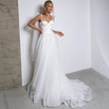 13682#Open Back Sleeveless Sweep Train Tulle Spaghetti Straps Simple Boho Sexy Sweetheart Elegant Wedding Dress Bridal Gown