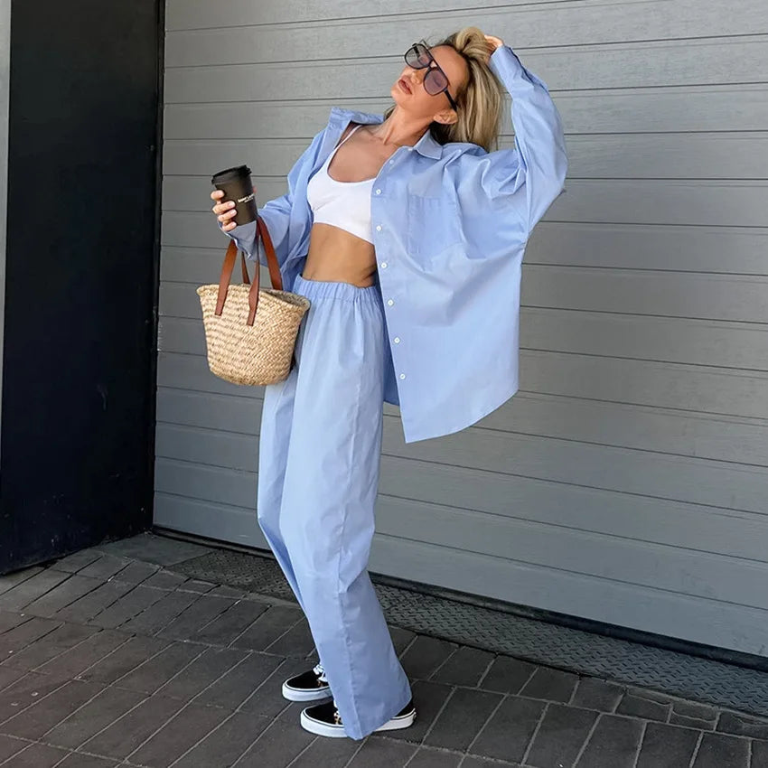Enyami Boutique Fall Fashion Casual Co Ords Lounge Wear Blouse Tops High Waist Pants Trousers Loose Women 2 Pieces Sets
