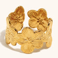 Vintage Style 18K Gold PVD Plated Stainless Steel Wide Version Texture Flower Splicing Open Ring