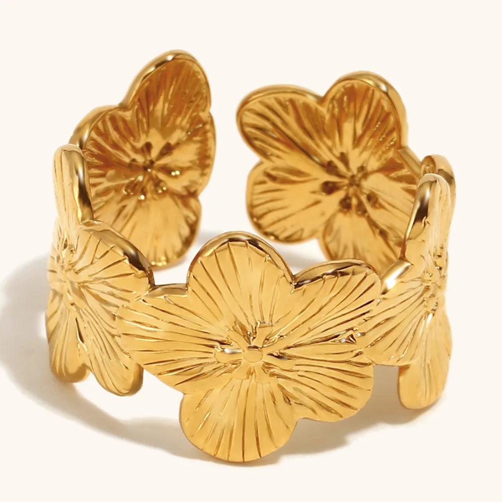 Vintage Style 18K Gold PVD Plated Stainless Steel Wide Version Texture Flower Splicing Open Ring