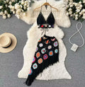Micro Style Sexy Beach Crochet Patchwork Fishnet Bikini Top V-Neck Maxi Skirt Cover Set Women Summer 2023 Printed Fabric