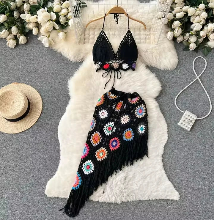Micro Style Sexy Beach Crochet Patchwork Fishnet Bikini Top V-Neck Maxi Skirt Cover Set Women Summer 2023 Printed Fabric