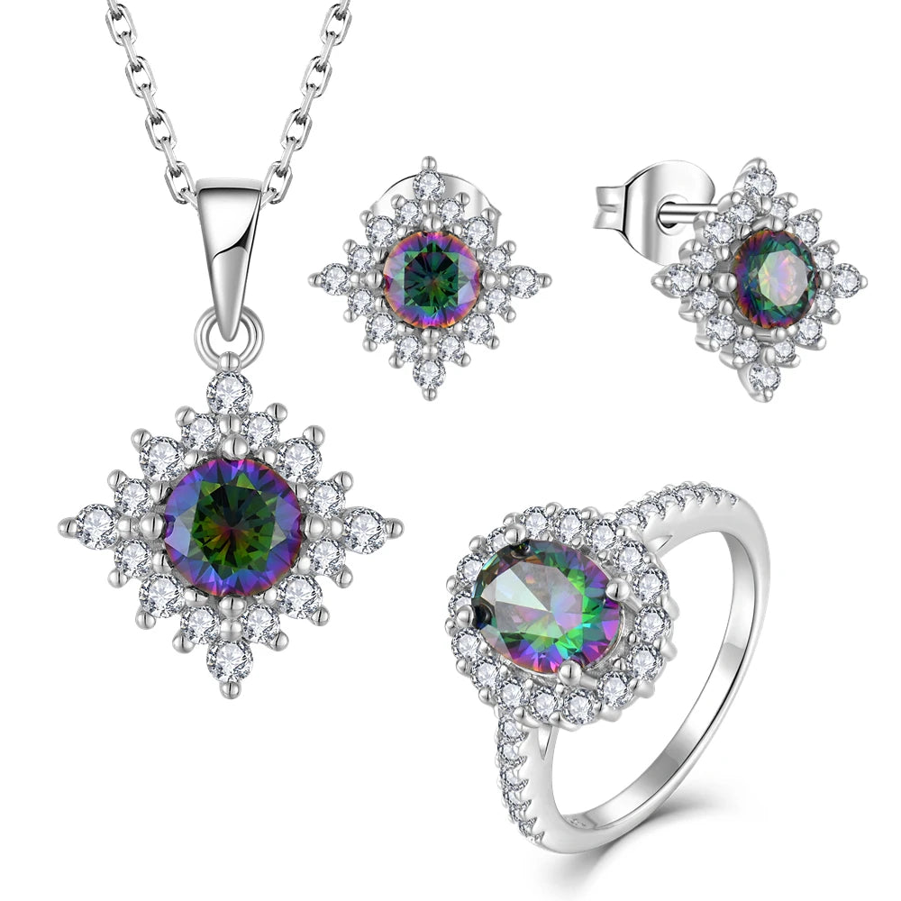 New Arrivals Custom Flower Rings Necklace and Earrings 925 Sterling Silver Mystery Zircon Jewelry Set