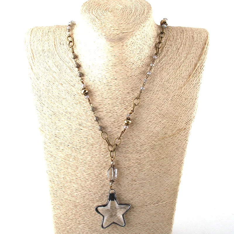 Women Ethnic Necklace Jewelry Bronze Chain Glass Rosary Statement Cross Gunmetal Star Pendant Necklace