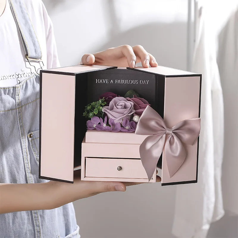 Custom Flower Gift Box pink Double Door Soap Flower Drawer Gift Box