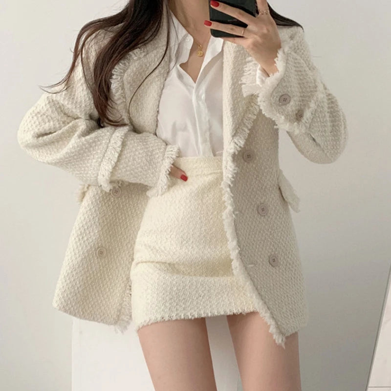 Wholesale 2026 Autumn New Retro Lapel Double-breasted Thick Tweed Jacket and High Waist Bag Hip Skirt Skirt Sets