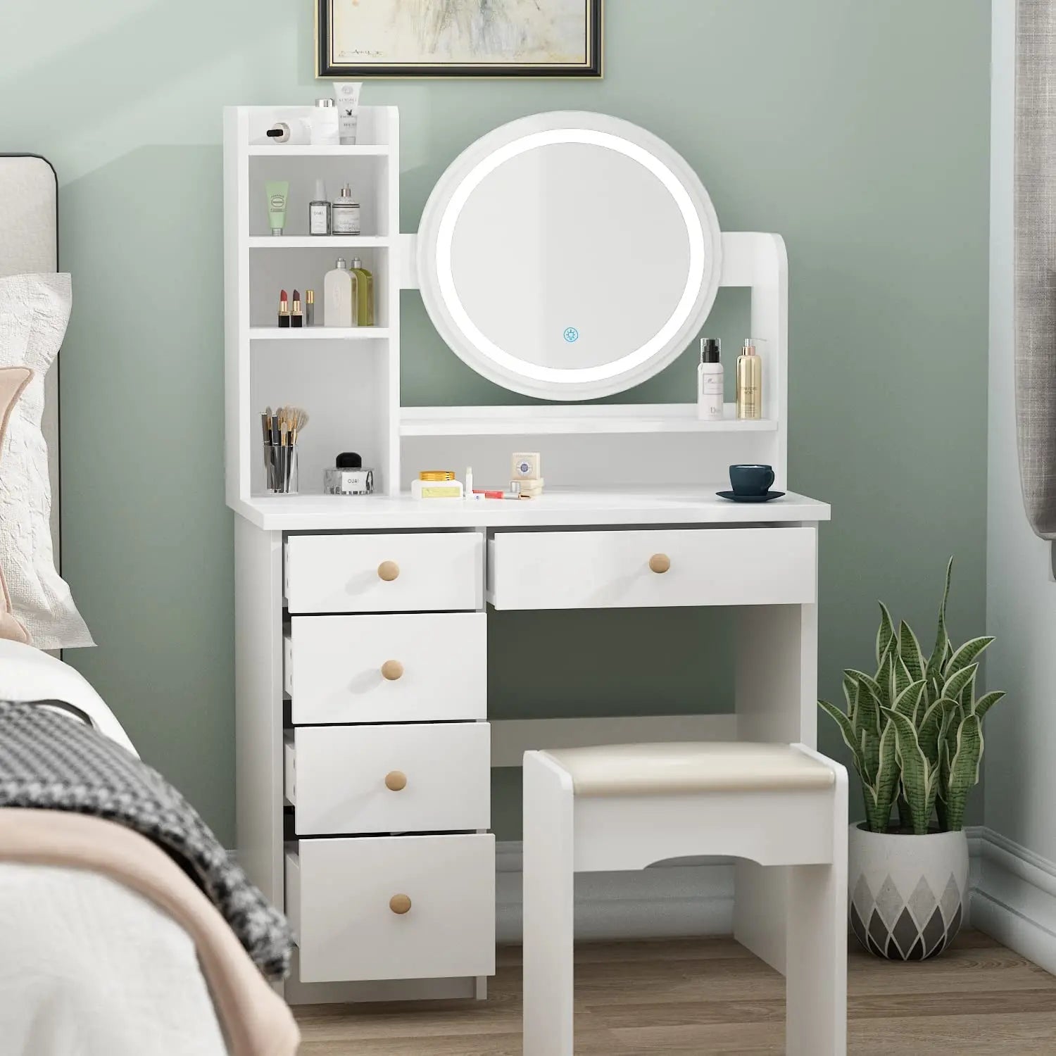 Big Imported Mini Sliding Simple White Dresser Study Dressing Table With Lights Around Mirror