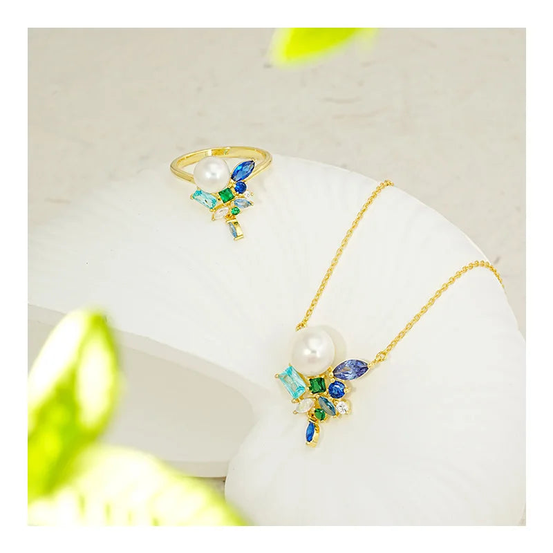 Free Video and Picture Fashion 925 Silver Freshwater Pearl Color Zircon Multi-element Necklace Ring Set Gold Plated for Wedding