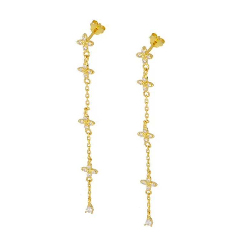 Milskye Valentines Earrings S925 Silver 18k Gold Plated Cubic Zircon Flower Long Chain Drop Dangling Earrings