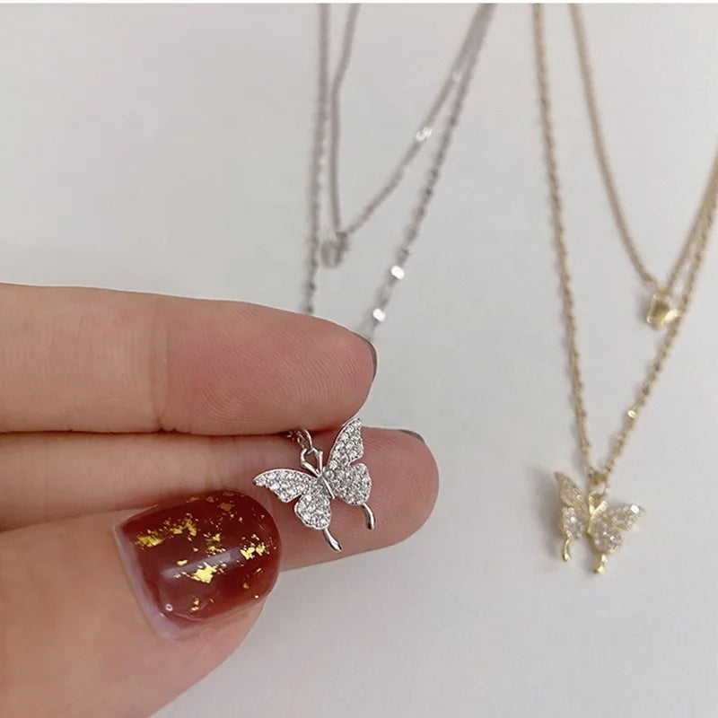 Trendy Diamond Double Layered Necklace  Gifts Women butterfly Necklace