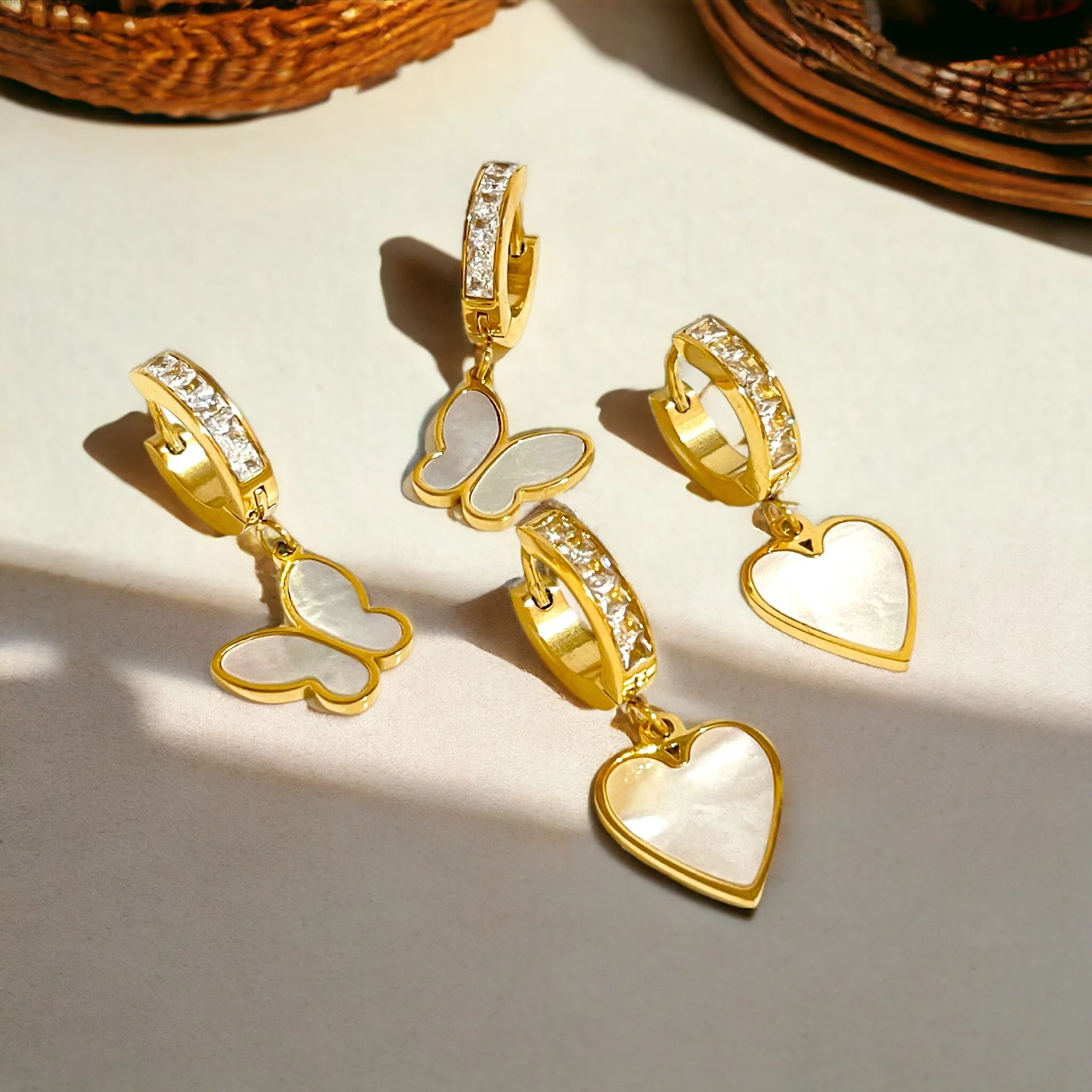 Delicate Gold Plated Women's Earrings Pave Shell Heart Drop Stainless Steel Zirconia Hoop Butterfly Huggie Earrings Women